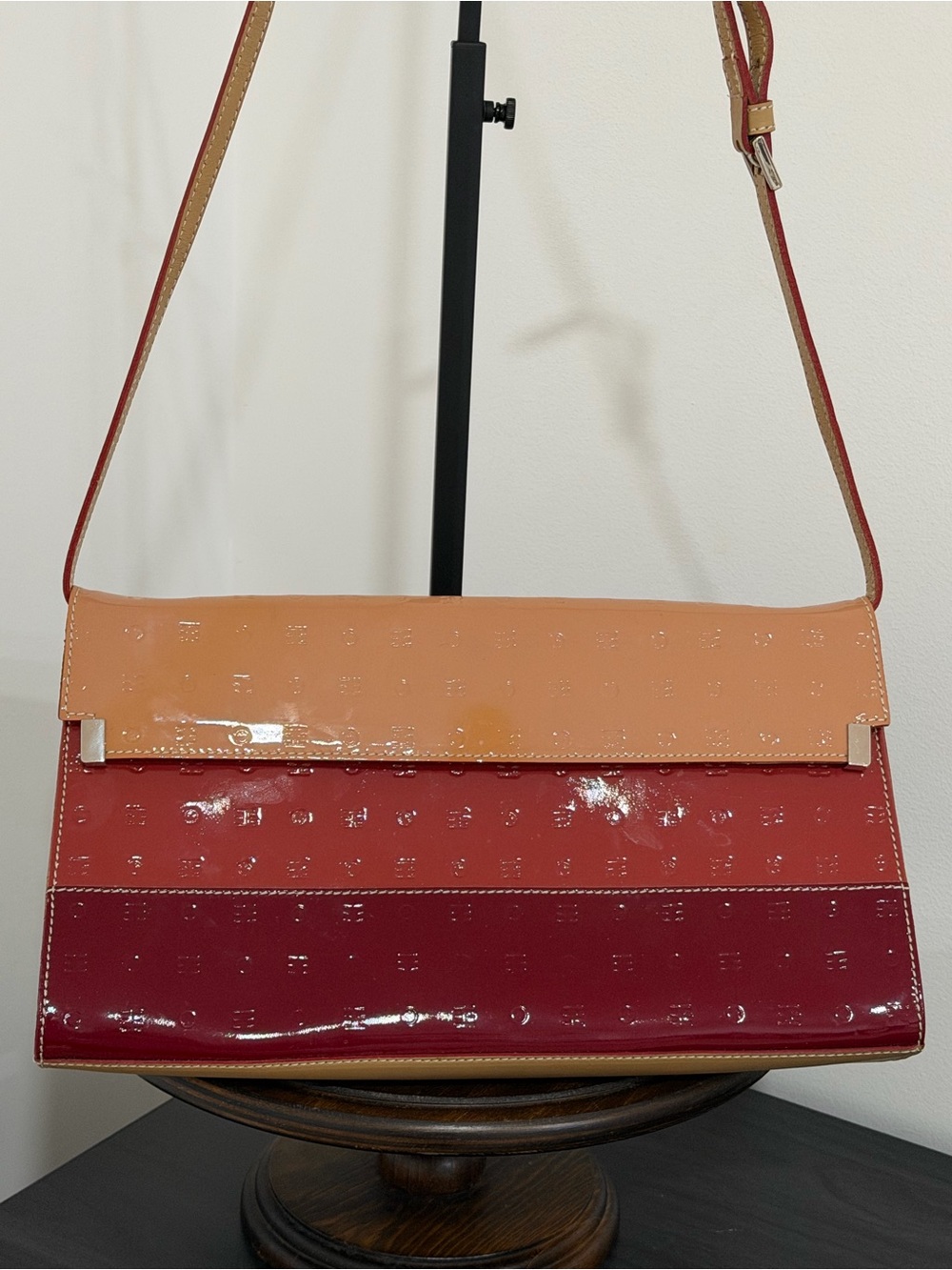 Arcadia Italy Patent Leather Shoulder Bag Colorblock Monogram Embossed Clutch